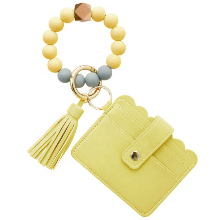 Fashion Leather Wallets Women Leather Tassel Metal Keychain Elastic Silicone Beads Bracelet Card Holder Wallet