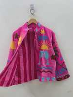 Blouson Bomber en Velours Brodé Suzani Fait Main, Style Bohème Indien, Hiver, Séchage Rapide, Respirant, Vêtement de Fête, Cadeau