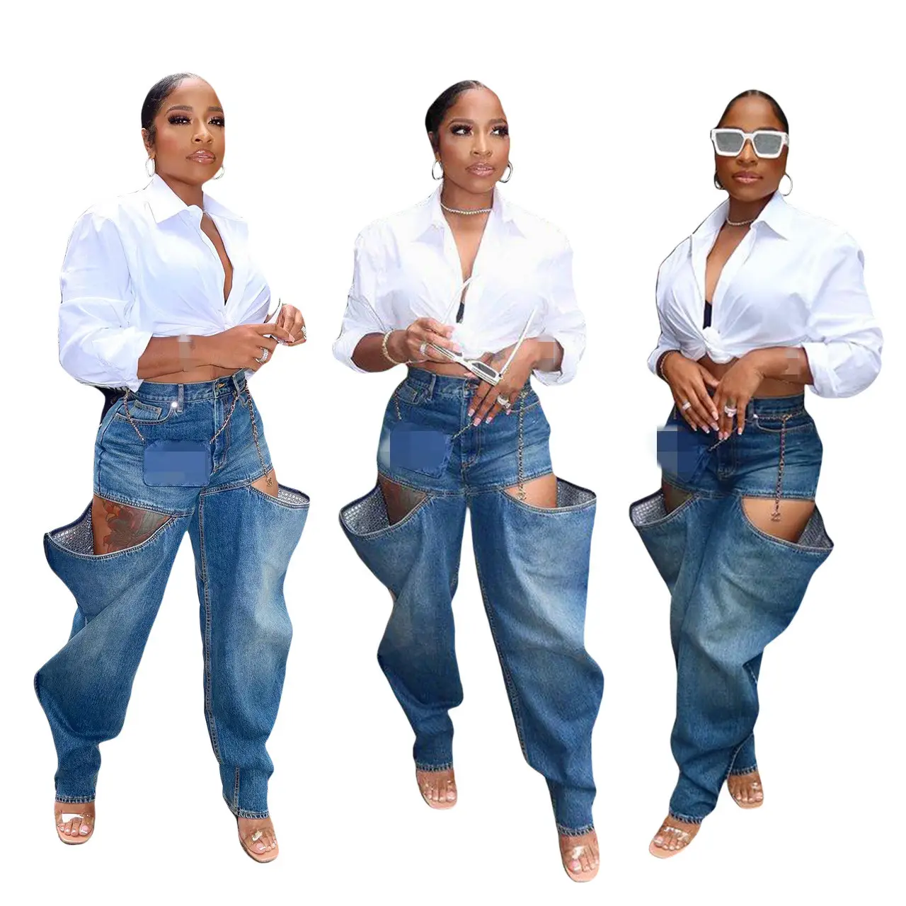 أحدث موضة فريدة كلاسيكية غير رسمية مغسول مستقيمة غير منتظمة قطع البنطلون سروال جينز ازرق الدنيم للنساء