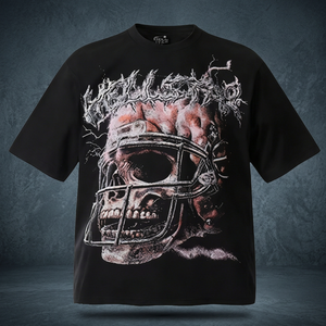 Men's Black <b>Gothic</b> Skull Football Helmet Print Knitted Short Sleeve O-Neck Oversized Fit Cotton Jersey <b>T</b>-<b>Shirt</b> - Product Image 3