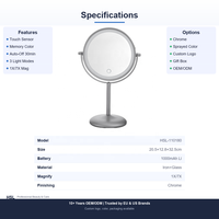 Miroir de table LED rond de 7 pouces avec grossissement 1X/7X, variateur tactile, lumière à mémoire 3 couleurs, rechargeable Type-C 1000 mAh