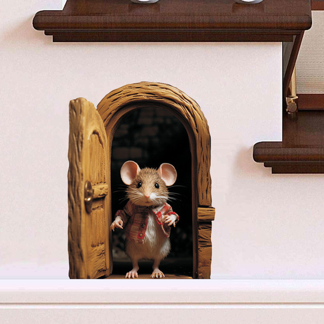 Cute Mouse Hole Kicking PVC Wall Sticker Popular Self-Adhesive Cartoon Decorative Kids' Christmas Living Decorations