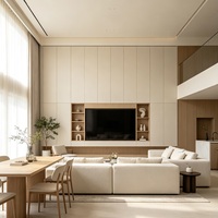 Meuble TV mural moderne en mélamine sans formaldéhyde, design symétrique pour plafond haut, avec étagères de présentation en bois, style moderne