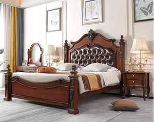 American Luxury Solid Wood Sleigh <b>Bed</b> <b>Queen</b> <b>Size</b> Genuine Leather Upholstered Traditional Hand Carved Master Bedroom Furniture - Product Image 2