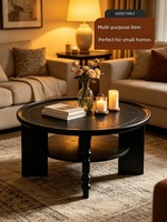 Table basse vintage de style français en bois massif, design rond, compacte, avec rangement à deux niveaux, meuble de salon simple et stable