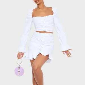 High Fashion Spring 2022 Off Shoulder Flare Sleeve Crop Top Ladies Ruffle A Skirt Women der Cotton Two Pieces Set