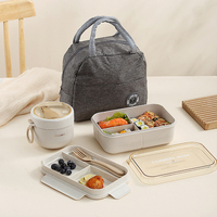 Boîte à lunch bento portable rectangulaire pour l'école avec sac pour adulte, 2 compartiments, étanche, en plastique et paille de blé