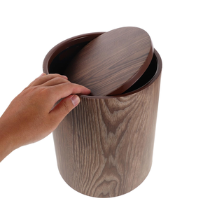 Wholesale Office Recycling <b>Bin</b> Cylindrical Wooden Pattern Trash Can Plastic Lid Kitchen Bathroom Living Waste Storage - Product Image 1