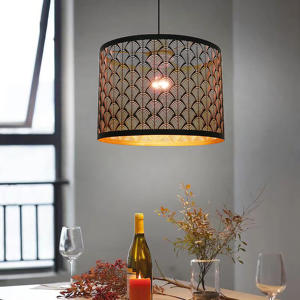 Lámpara colgante redonda de Metal tallada para <span class=keywords><strong>Hotel</strong></span>, para mesita de noche, escritorio, sombra, <span class=keywords><strong>Abat</strong></span> Jour, color negro y dorado - Product Image 3