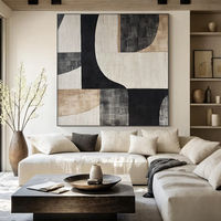 Obra de Arte Personalizada para Hotel, Pintura al Óleo Abstracta Grande en Tono Marrón, Arte Mural Minimalista en Negro, Estilo Wabi-Sabi en Gris y Blanco