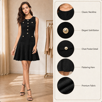 Nouvelle Collection Été 2026 - Robe Trapèze Élégante Noire en Maille, Sans Manches, Col Rond, Coupe Ajustée, Boutons Décoratifs