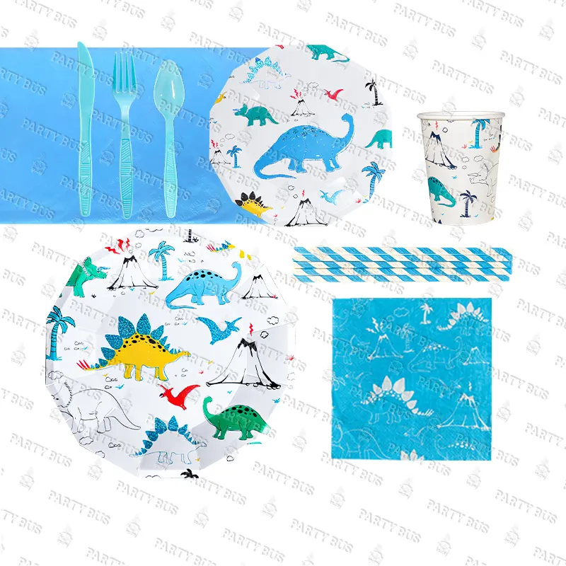 PARTYBUS 2021 Wholesale Dinosaur World Birthday Party Supplies Disposable Paper plate Cup Party Tableware Kits For Kids