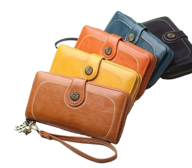RU Wholesale oil wax leather women'smobile phone bag oil leather bill Clip card holder ladies purse long wallet women