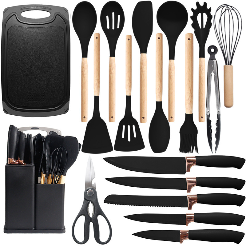 19 Piece Silicone Kitchen Utensil Set With Wooden Handle and Cuttings Board Storage Bucket Kitchen Gadget Set