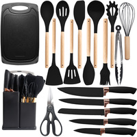 Ensemble de 19 Ustensiles de Cuisine en Silicone avec Manches en Bois et Seau de Rangement Planche à Découper