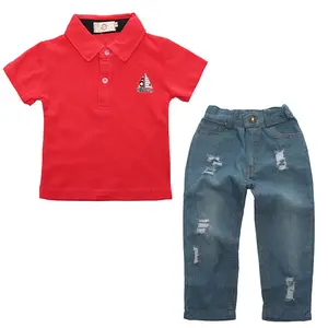 2019 European summer latest style short-sleeved knit cotton denim 2 sets children kids wholesale bangladesh clothing