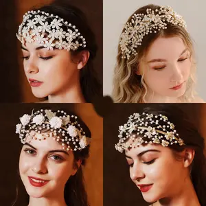 Champagne Gold Handmade beaded pearl Bridal Headband Headpieces for girls Wedding Headwear Hairnet for Wedding Princess
