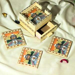 Juego de Posavasos de Madera con Cajón de Almacenamiento, Posavasos Artesanales con Diseño del Taj Mahal, Protección para Mesa, Decoración para el Hogar, Juego de Regalo - Product Image 1