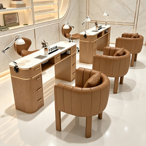 Ensemble de table à ongles rose cannelée avec plateau en marbre, bureau de manucure pour salon de beauté avec tiroirs, poste de travail moderne pour salon de beauté avec accessoires assortis - Product Image 3