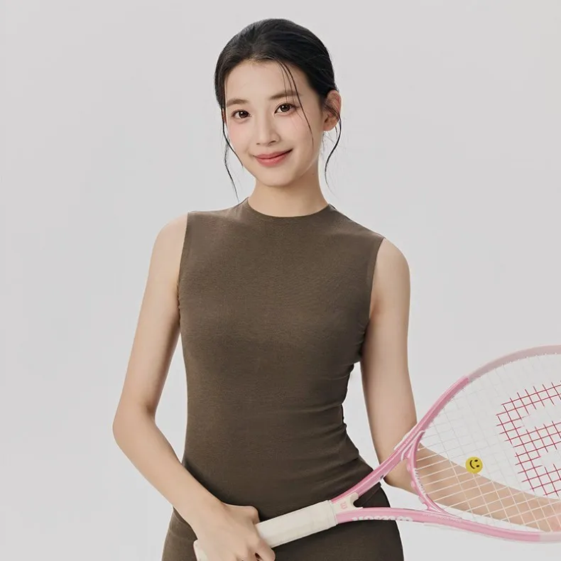Womens Solid Breathable Tight-Fitting Yoga Sports tank Tops Small Round Neck Elastic Tennis Fitness Seamless Casual Vest
