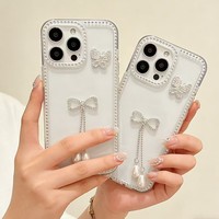 Étui de téléphone personnalisé de luxe en TPU+PC blanc imperméable avec chaîne de perles pour femmes et filles pour 7-13 Pro