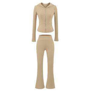 Ensemble décontracté en coton pour femmes, veste en tricot unie à fermeture éclair intégrale et pantalon évasé à revers aux genoux, 2 pièces - Product Image 5