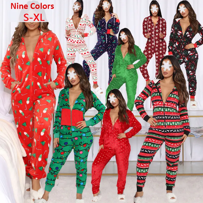 2021 Volwassen Casual Nachtkleding Pyjama Lange Mouwen Kerst Romper Onesie Pyjama Voor Vrouwen