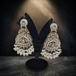 Traditional Antique Gold Plated Kundan Chandbali <b>Earrings</b> Red Gemstone Oversized Statement Dangle <b>Earrings</b> with pearl bead - Product Image 3