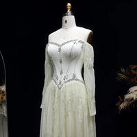 Lsz628 Elegante Vestido de Noche Beige con Escote Corazón, Manga Larga Transparente y Cuentas, para Mujer, Ideal para Bodas, Fiestas y Graduaciones, Jancember