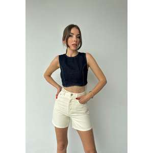 Top Corto Azul sin Mangas para Mujer, Blusa Informal de Sarga para Uso Diario con Seis Cadenas - Product Image 3