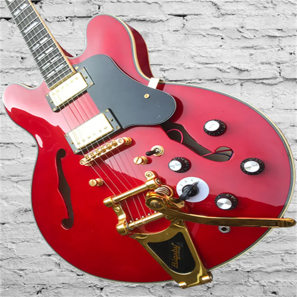 डबल एफ-होल जैज़ गिटार रोसेवुड उंगलियों के लिए बड़े वाइब्रेटो ब्रिज चेरी पारदर्शी लाल 5-स्पीड मुक्त शिपिंग
