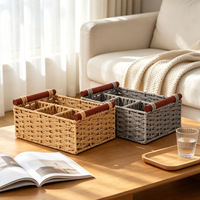 Panier de rangement rustique à 4 compartiments, tissé à la main, design minimaliste, poignées en bois rouge, organisateur divisé pour la maison et la cuisine