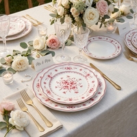 Assiettes de dîner en céramique vintage à motif de roses rouges, bord festonné, vaisselle de luxe en porcelaine, service de table pour mariage, hôtel, maison