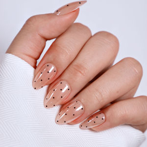 Uñas Postizas Artificiales Color Nude Medio con Estampado Dorado, Personalizadas OEM ODM de Fábrica, Forma Almendrada Minimalista con Puntos - Product Image 1