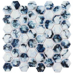 Glass Tile Colored Hexagon Floor Mosaic Wall Tile Blue For Wall Decor