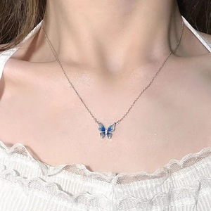 Blue Butterfly Necklace Zinc Alloy Enamel Epoxy Pendant Women's Collarbone Chain Gift Jewelry - Product Image 3