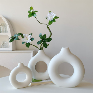 Modern Minimalist Nordic Style White <b>Ceramic</b> Decorative Flower Vases Donut-Shaped Tabletop Vase Set of Three Wholesale - Product Image 1