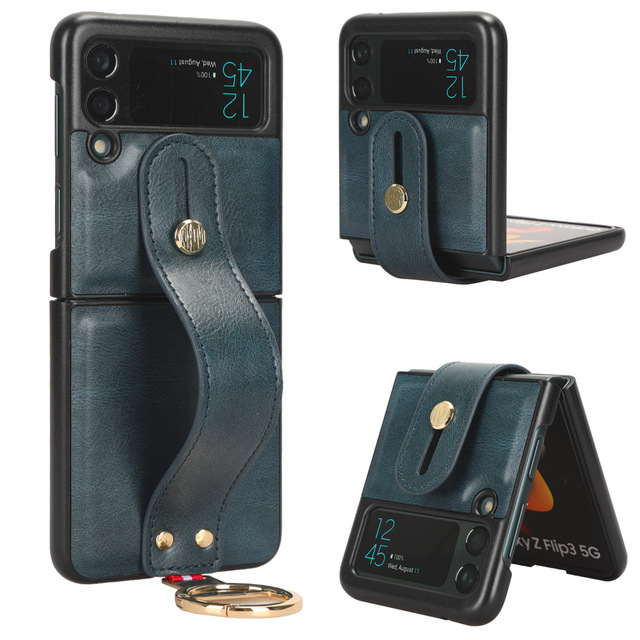 Multi-Function pu Leather Phone case for samsung Z Flip 4 case with Card Slot Flip Phone Case for Z Flip 3 with Wrist Strap