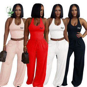 Completo Set Estivo da Donna 2026 Personalizzabile con Logo - Top Halter e Pantaloni Lunghi Casual a Tinta Unita, 2 Pezzi - Product Image 1