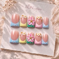 Uñas postizas acrílicas hechas a mano con curva de pico de pato francés, diseño artesanal ODM, cobertura completa PMMA, uñas personalizadas con relieve 3D, 10 unidades.