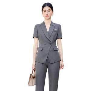 Women's Summer Short Sleeve Business Suit Professional Workwear For Office Commuting Gray Navy Set - Product Image 5