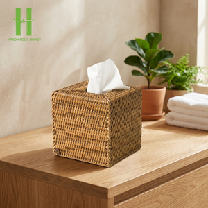 Best Seller Hand Woven Wicker Square Rattan Tissue Box Cover Natural Living Room and <b>Bathroom</b> Tissue Holder Made In Vietnam - Product Image 1