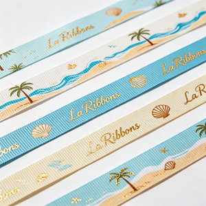 Ruban gros-grain avec logo estampé à chaud, motif plage, soleil et cocotier, pour boîte cadeau de vacances et décoration florale - Product Image 2