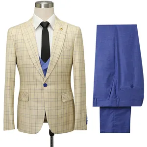 最新设计新款休闲西装3件设计风格修身男卡其色西装外套和蓝色裤子套装服装男士燕尾服