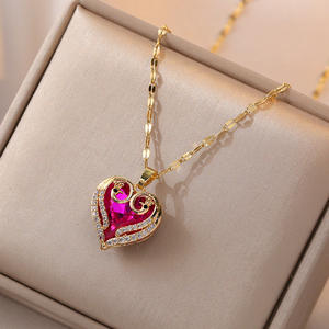 Kalung liontin berbentuk mutiara hati batu zirkonia kubik baja Titanium tidak pudar kalung rantai klavikula berlapis emas Populer - Product Image 4