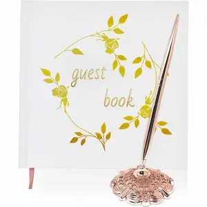 Wedding Guest Book Gold Comes with Gold Metal Pen and Holder Photo Album Sign in Hard Cover with pen