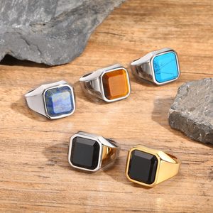 Wholesale Stainless Steel <b>Ring</b> For Men Natural Tiger Eye Black Onyx <b>Stone</b> <b>Two</b> Tone Smooth Polished Waterproof Finger Jewelry - Product Image 2