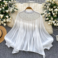 Chemise élégante pour femmes à manches lanternes, ornée de perles et de strass, coupe ample, pour le printemps et l'été