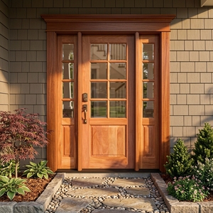 Porte d'entrée en bois massif de style artisanal américain, avec panneaux de verre multi-vitrages et élégantes fenêtres latérales doubles. - Product Image 6