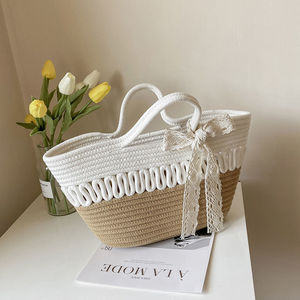 Women's Color Blocking Woven Tote Bag Oval Shape Large Capacity Casual <b>Handbag</b> For Everyday Use <b>Summer</b> Style - Product Image 1